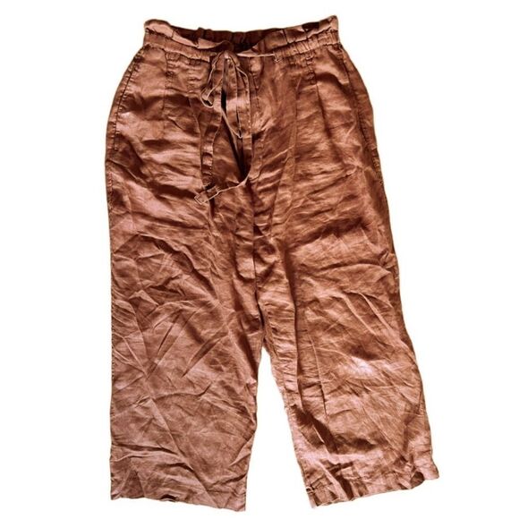 Magaschoni Linen Paper Bag Waist Cropped Pant With Drawstring Tie & Pleated - Picture 4 of 7